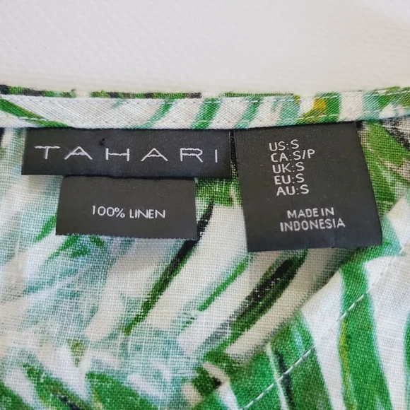 2525 * Tahari 100% Linen Tropical Palm Print Mini Dress Green White Size S - Picture 3 of 8